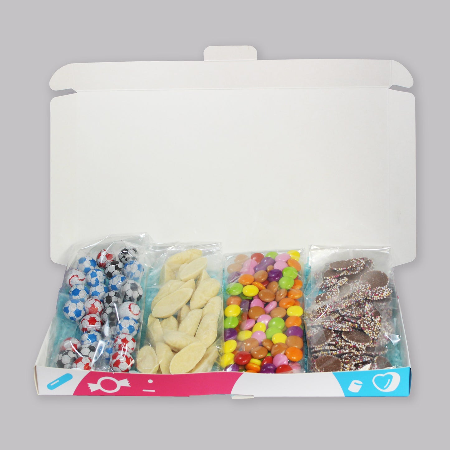 Gift Sweets - Chocolate Flavour Novelties - 125g Chocolate Footballs, 125g White Mice, 125g Chocolate beans, 125g Jazzles