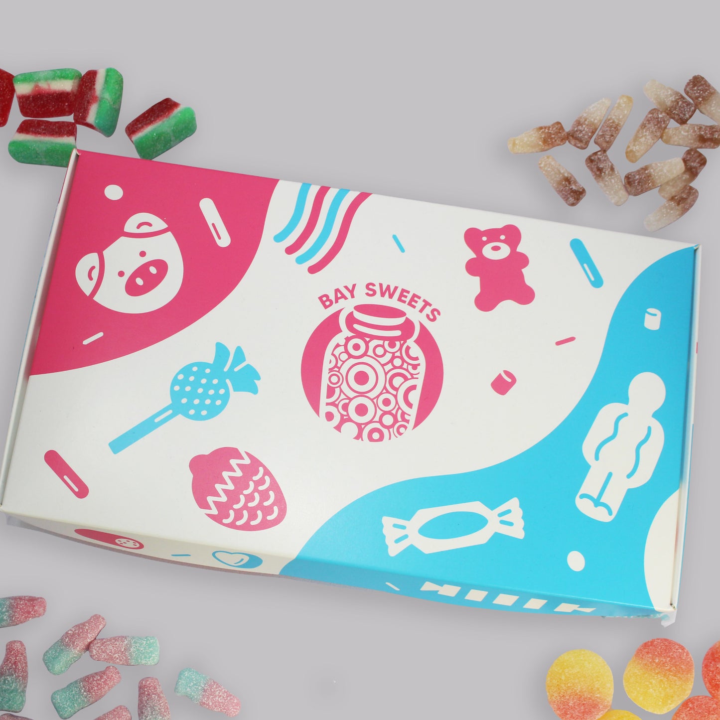 Gift Sweets- Pick and Mix Fizzy Sweets Selection- 125g Fizzy Cola Bottles, 125g Fizzy Bubblegum Bottles, 125g Fizzy Peaches, 125g Watermelon Slices