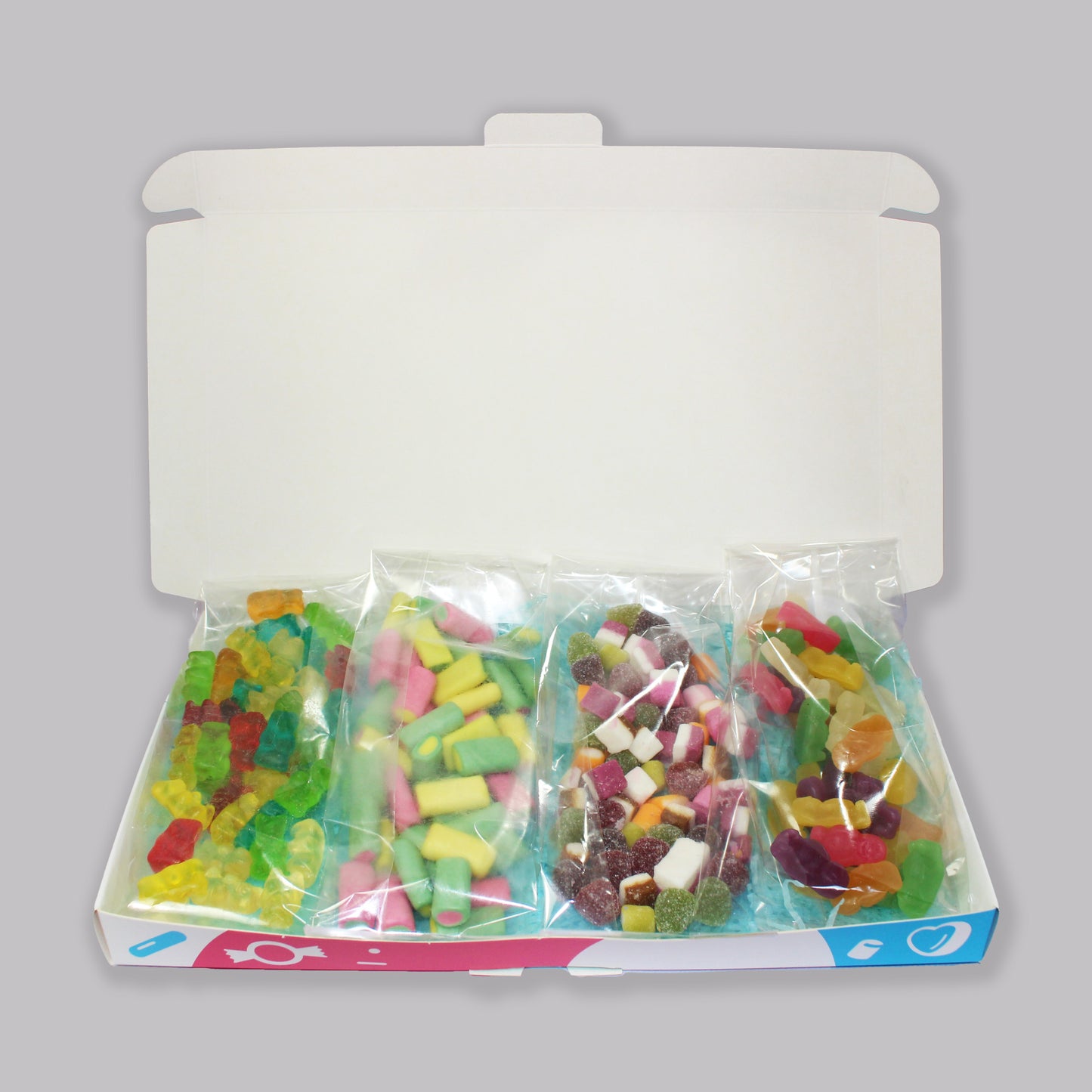 Gift Sweets - Pick and Mix Selection - 125g Mini Jelly Babies, 125g Haribo Rhubarb & Custards, 125g Dolly Mixture, 125g Jelly Teddies