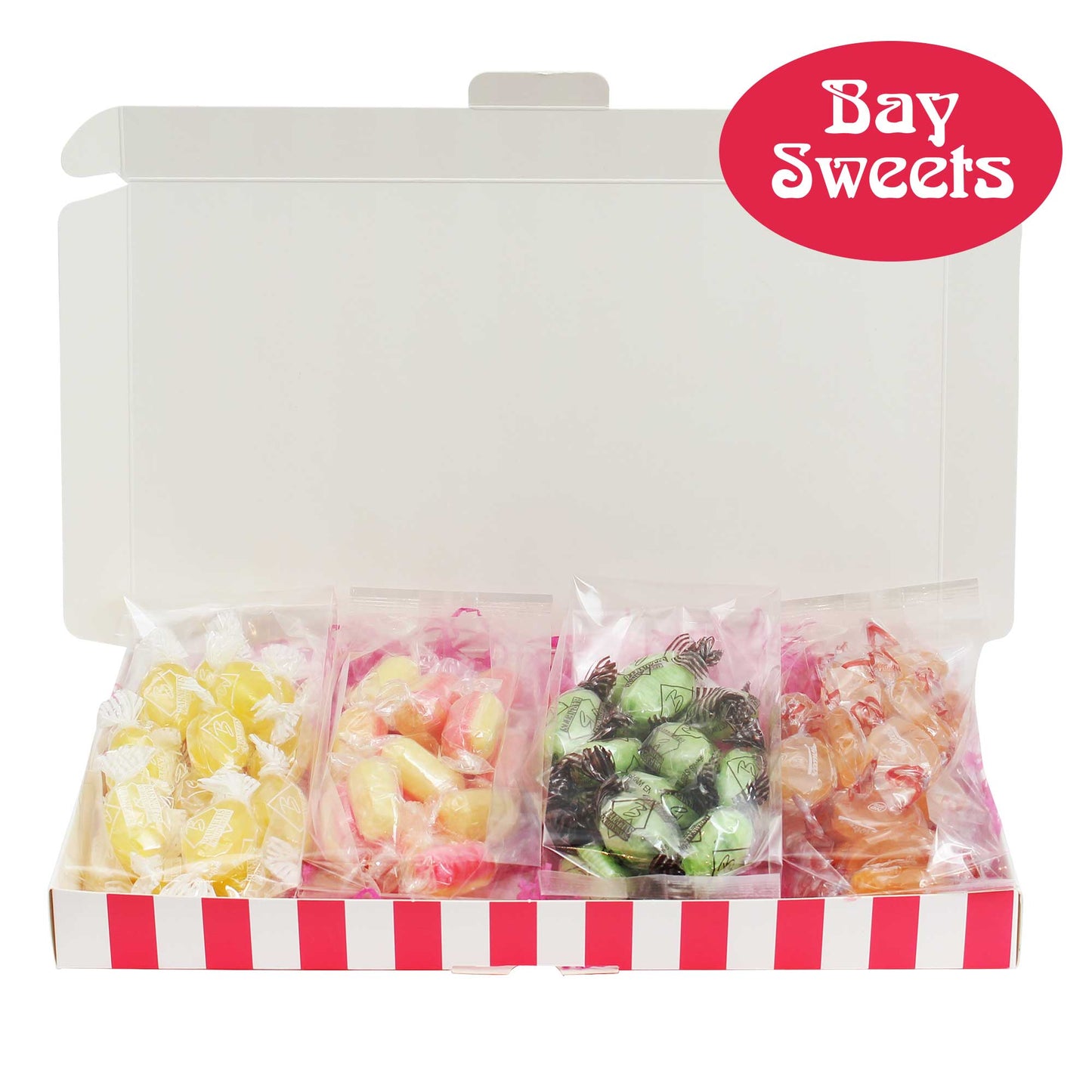 Gift Sweets - Traditional Sweets - 125g Chocolate Limes, 125g Rhubarb and Custards, 125g Sherbet Lemons, 125g Barley Sugars