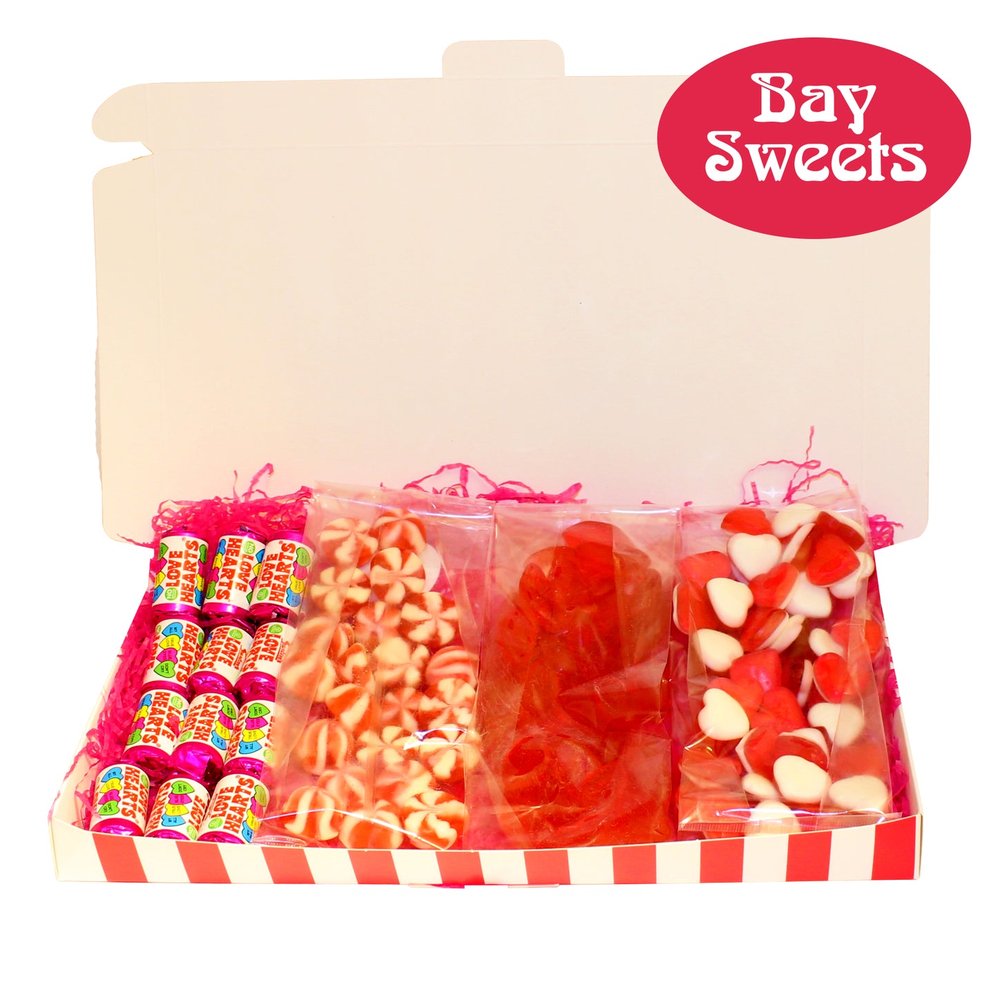 Gift Sweets - Valentines -125g Haribo Heart Throbs, 125g Strawberry Twist Kisses, 125g Juicy Lips & 12 Mini Love Heart Rolls