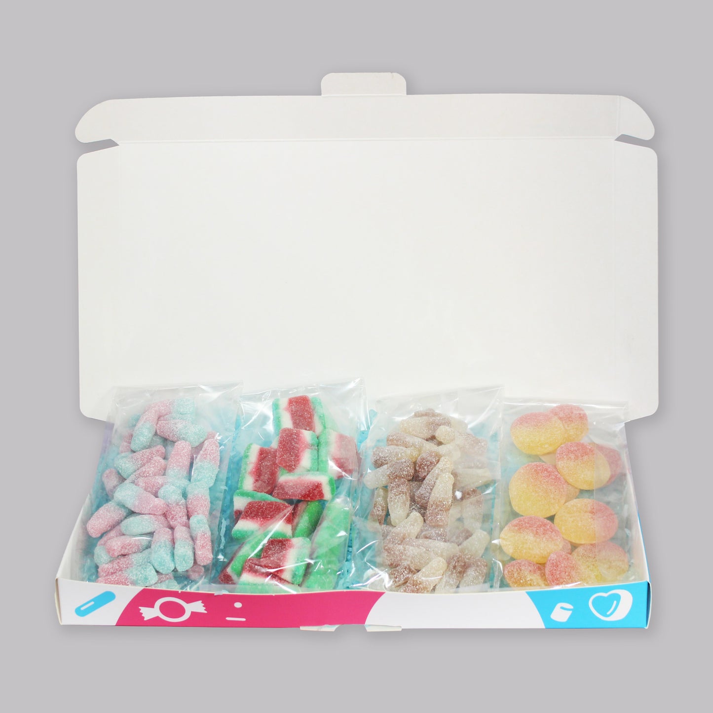 Gift Sweets- Pick and Mix Fizzy Sweets Selection- 125g Fizzy Cola Bottles, 125g Fizzy Bubblegum Bottles, 125g Fizzy Peaches, 125g Watermelon Slices